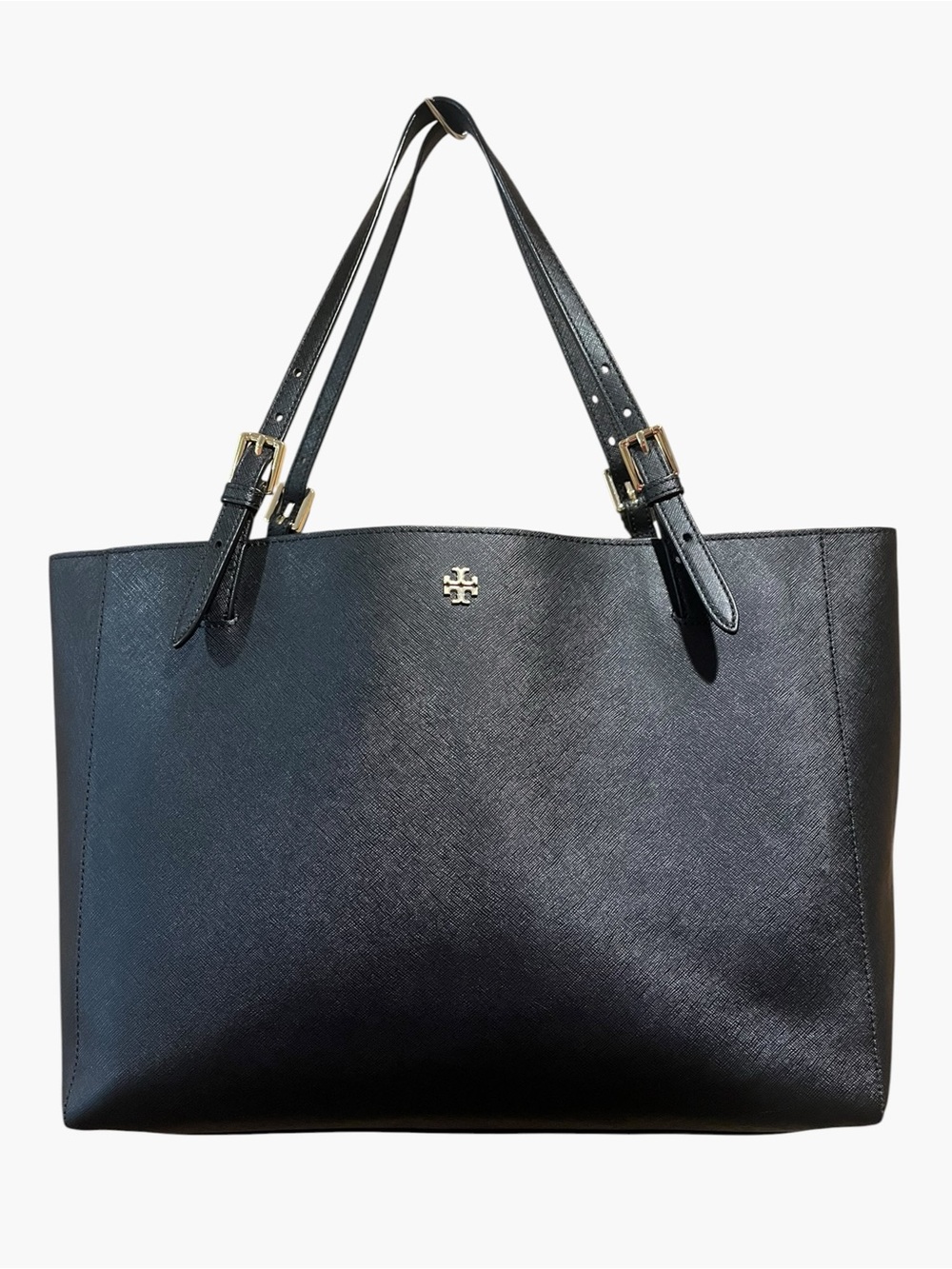 Tory Burch York Buckle Tote Large Black Saffiano Leather Gold Hardware